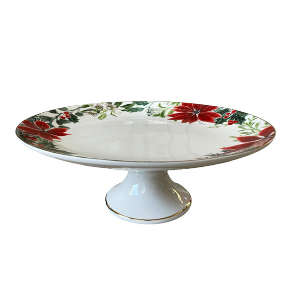 Grace Teaware Christmas Poinsettia Porcelain Cake Stand Holiday Holly New - Picture 7 of 12